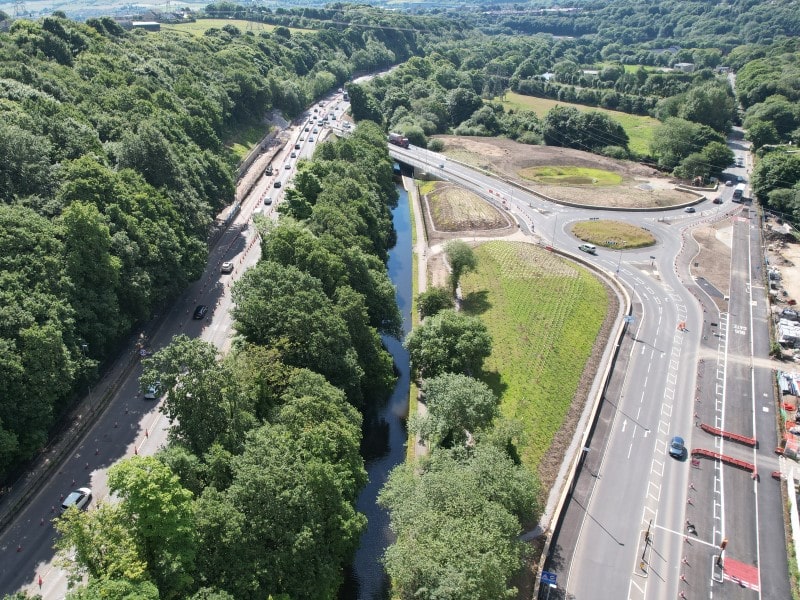 The A629 on the left of the image is connected to Stainland Road on the right via the new bridge and roundabout.